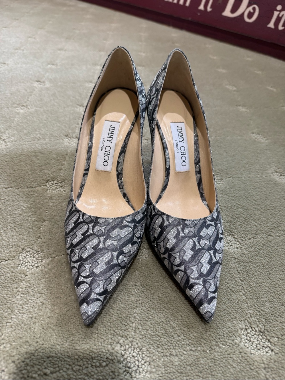Jimmy Choo Silver and Black Patterned Pointed Pumps